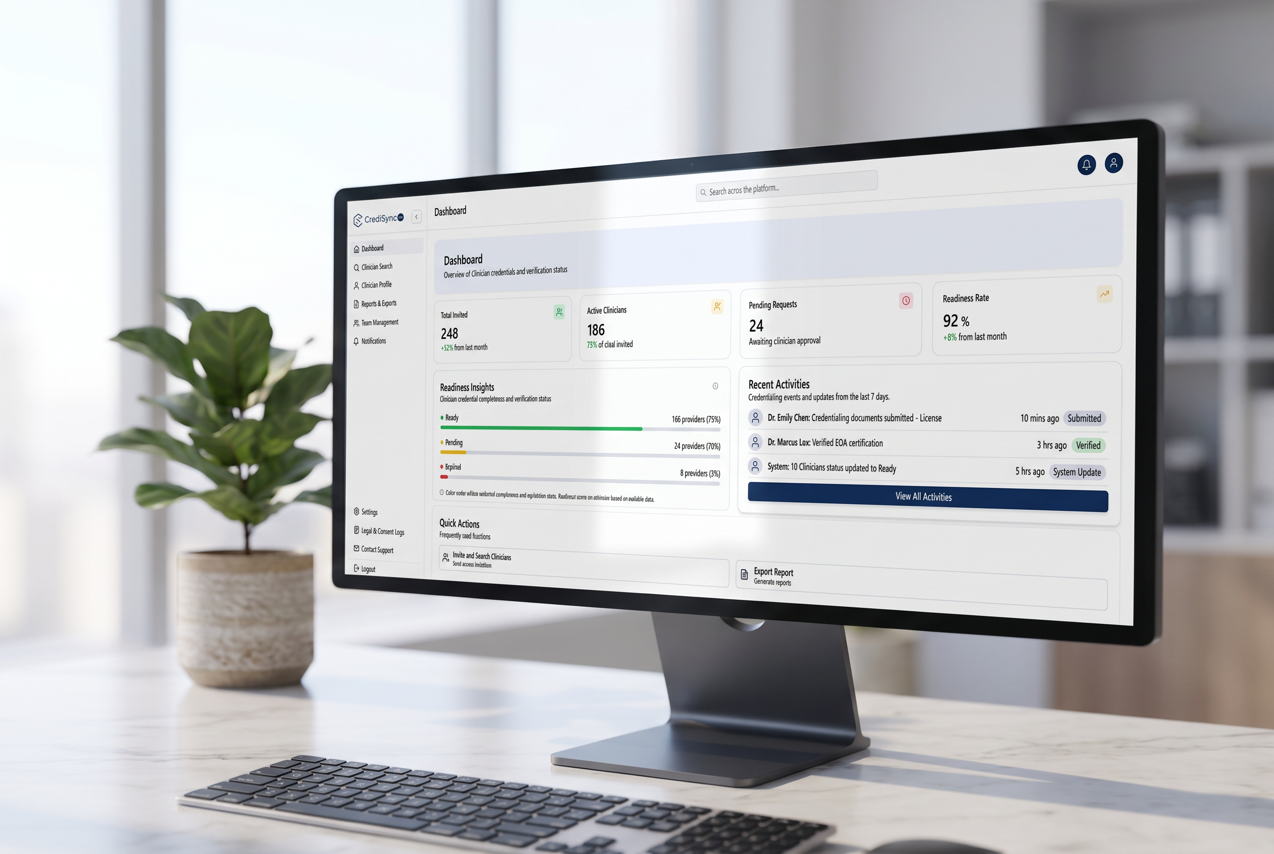 CrediSync360 enterprise dashboard shown on a desktop monitor in an office, displaying provider readiness metrics
