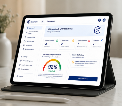 CrediSyncID dashboard on a widescreen device showing credential stats, readiness score and recent notifications