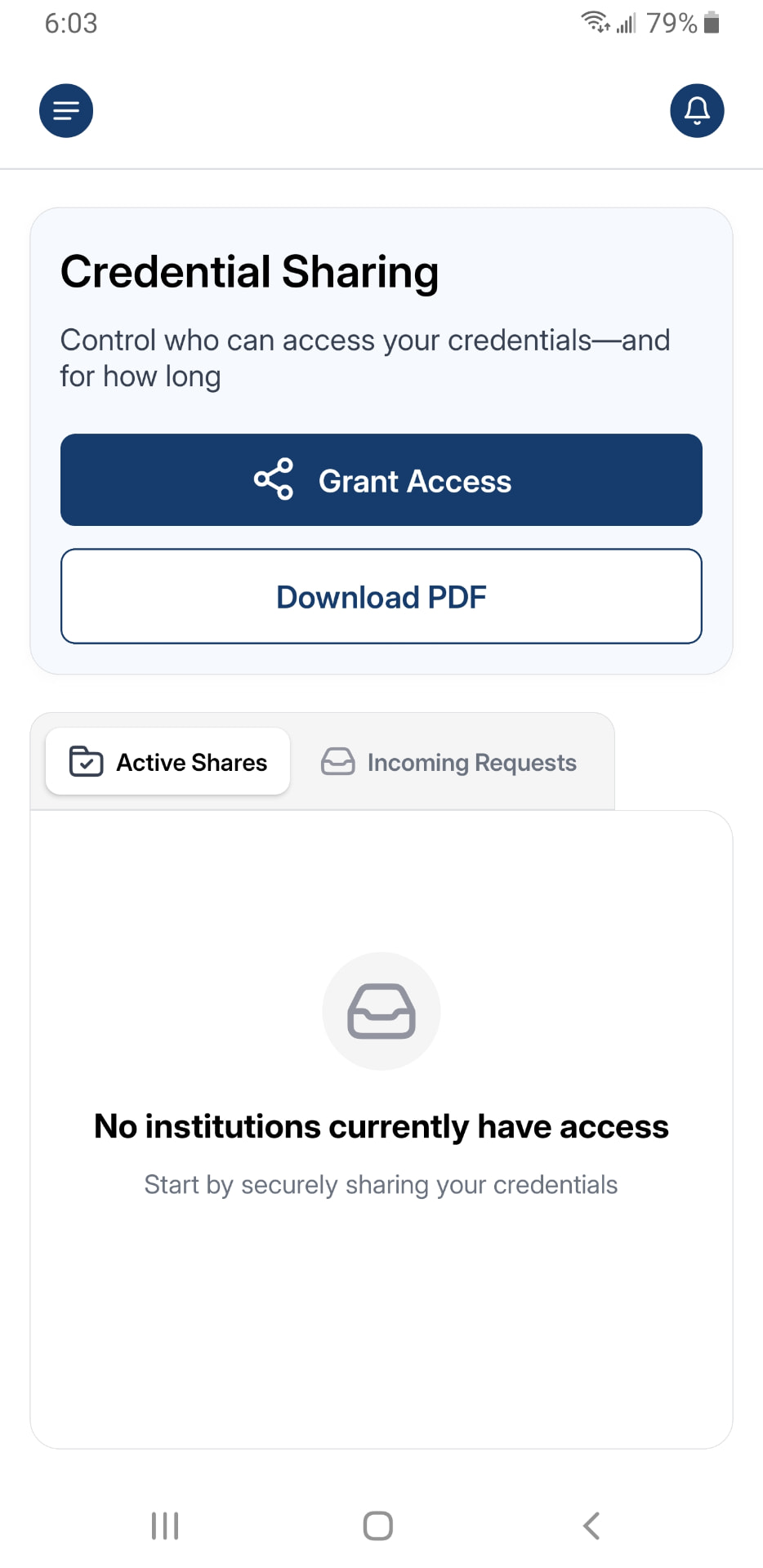 CrediSyncID mobile credential sharing screen with grant access and download PDF actions