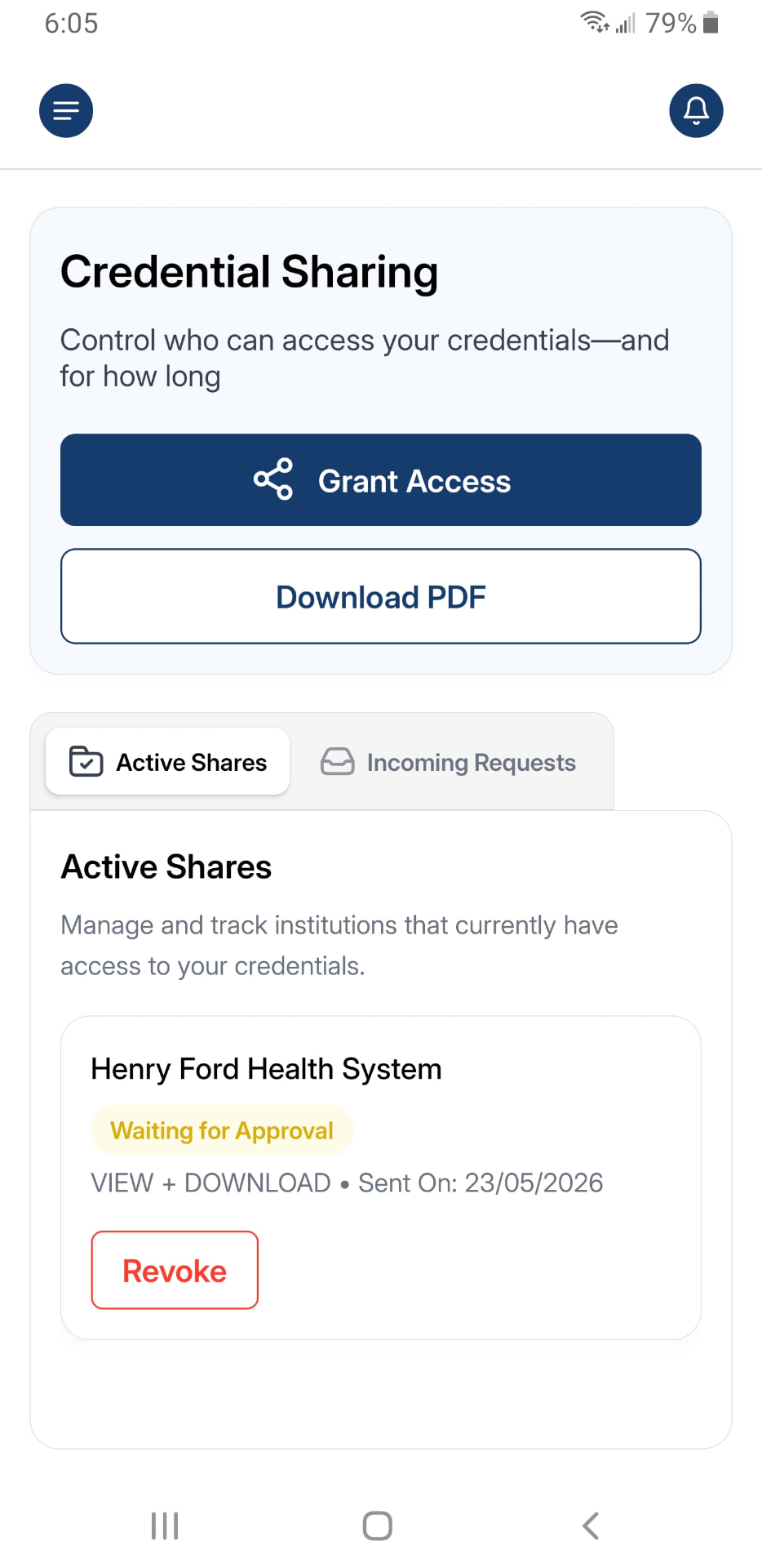 CrediSyncID mobile credential sharing screen showing grant access, download PDF and active shares