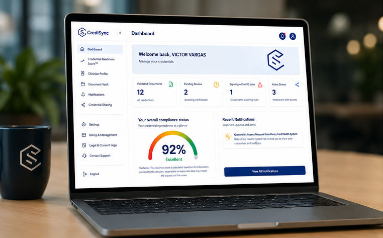 Laptop displaying the CrediSync Credential Readiness Score dashboard and compliance status